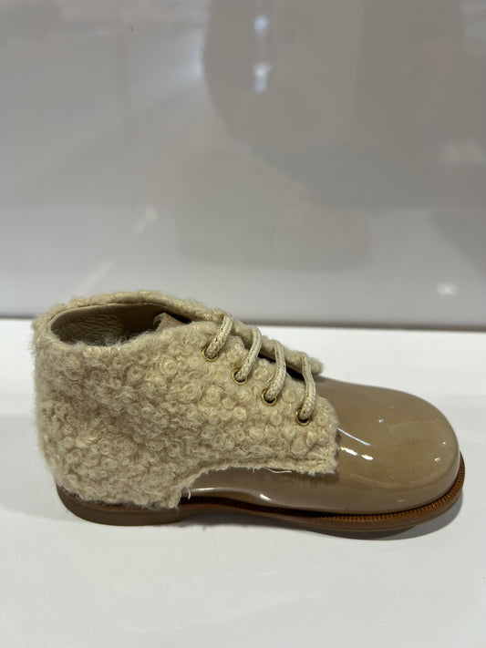 Beberlis Patent Beige Sherpa Lace Up Baby Bootie