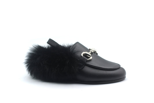 Don Louis Black Leather Fur Slingback