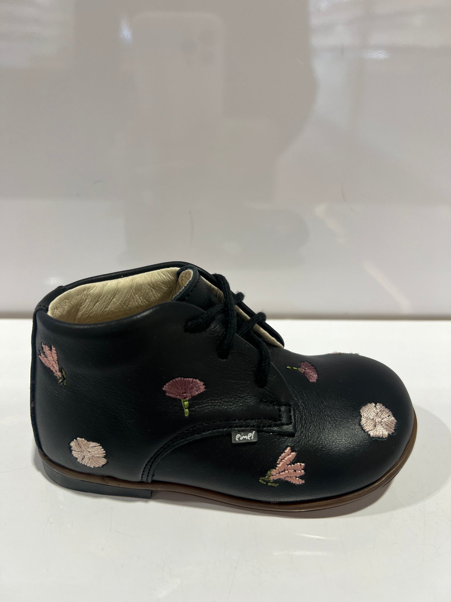 Emel Black Leather With Pink Embroidery Embroidered Bootie