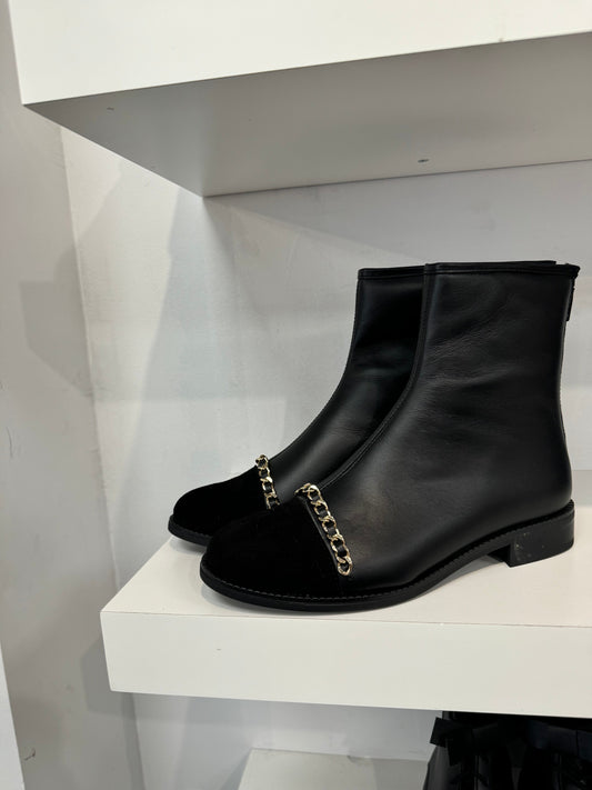 Valencia Black Leather Chain Cap Bootie